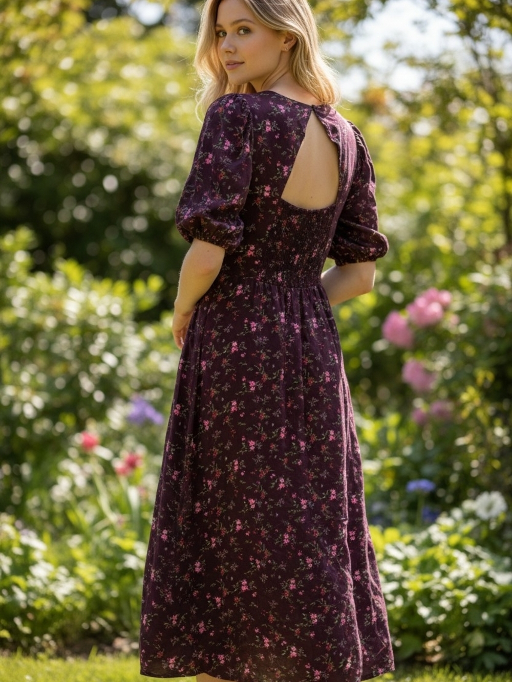 Old Navy Plum Floral Puff-Sleeve Midi Dress - Picture 2 of 4